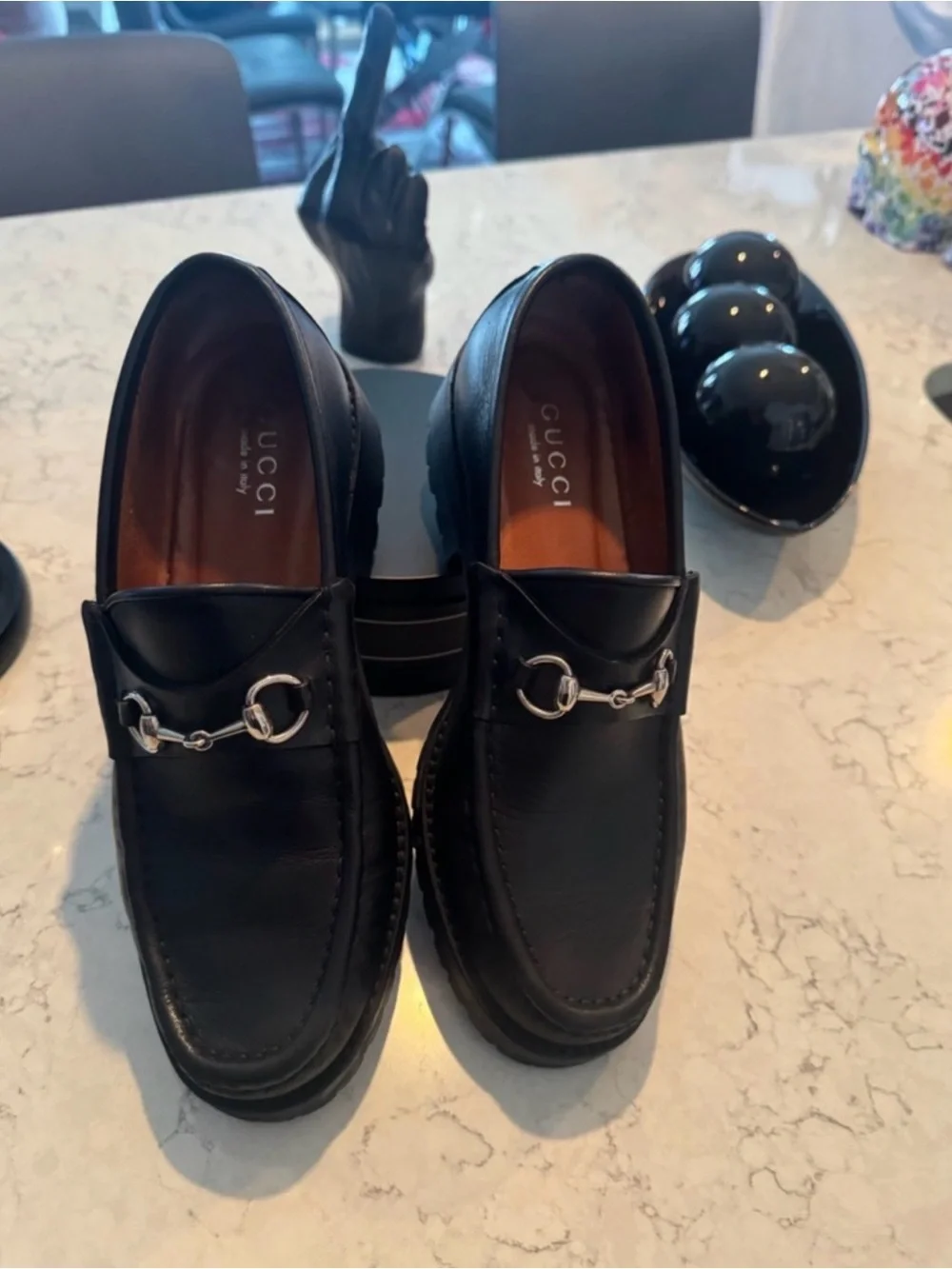 Gucci Women’s Black Leather Horsebit Lug Soled Loafers